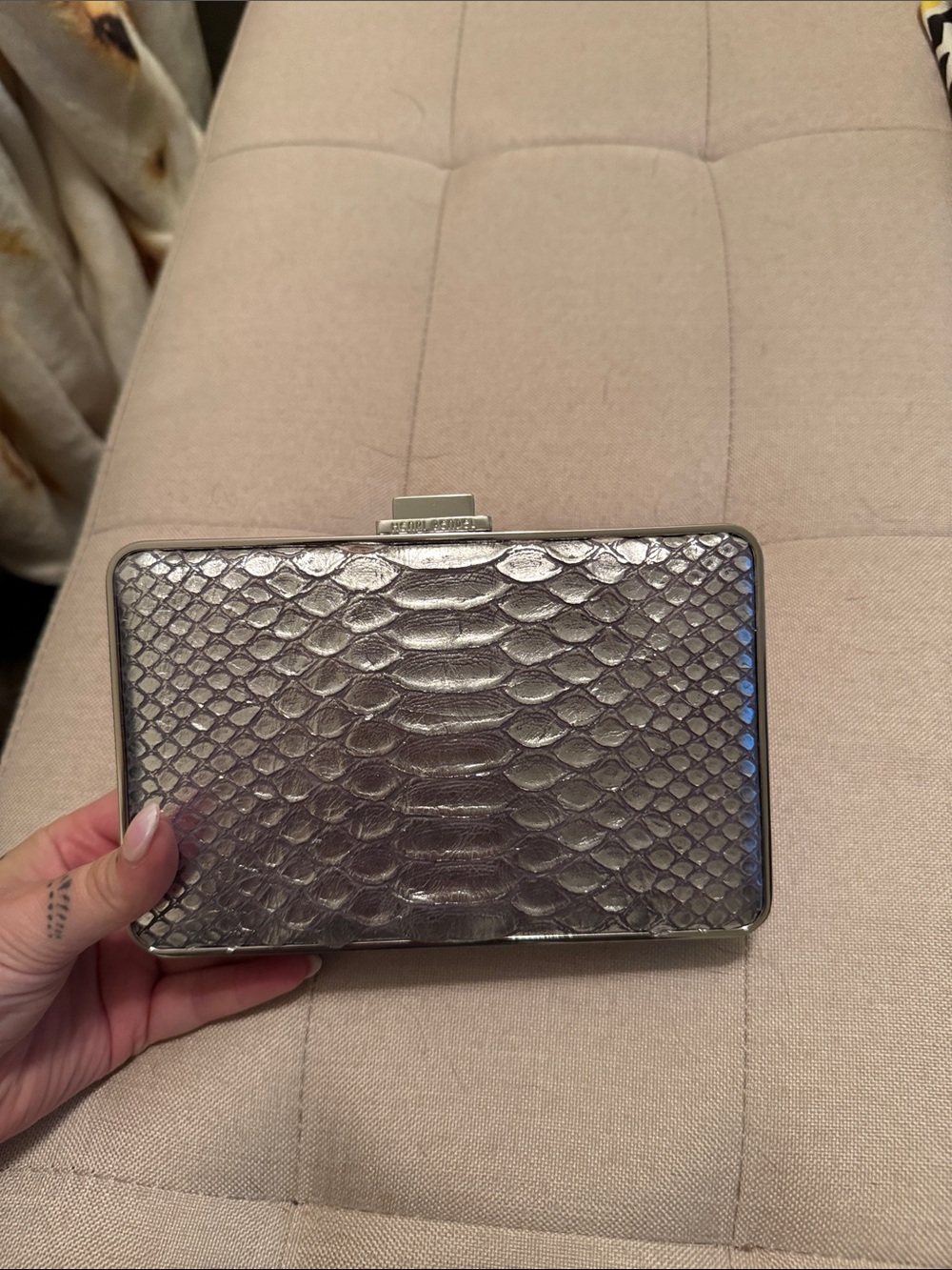 henri bendel Metallic Silver Snake-Embossed Frame Clutch